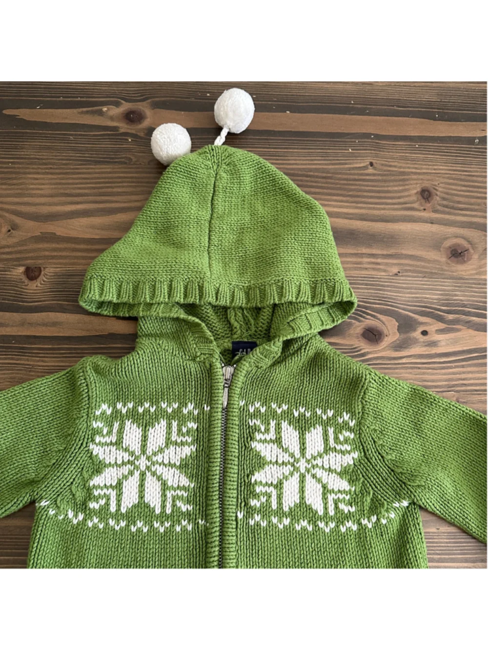Girls Gap Kids Snowflake Sweater Hoodie XS 4 Green White Zip Up Pom Poms